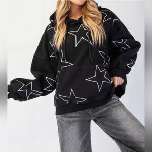 Easel Black Star Print Oversized Fleece Hoodie Size Large NWT